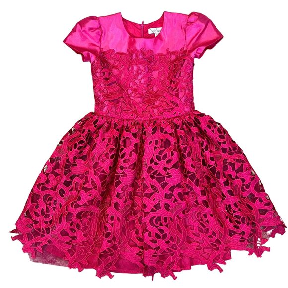 Halabaloo Red Laser Cut Lace Dress Girls 7 Satin Lace Short Sleeves Puff Skirt - Picture 3 of 9
